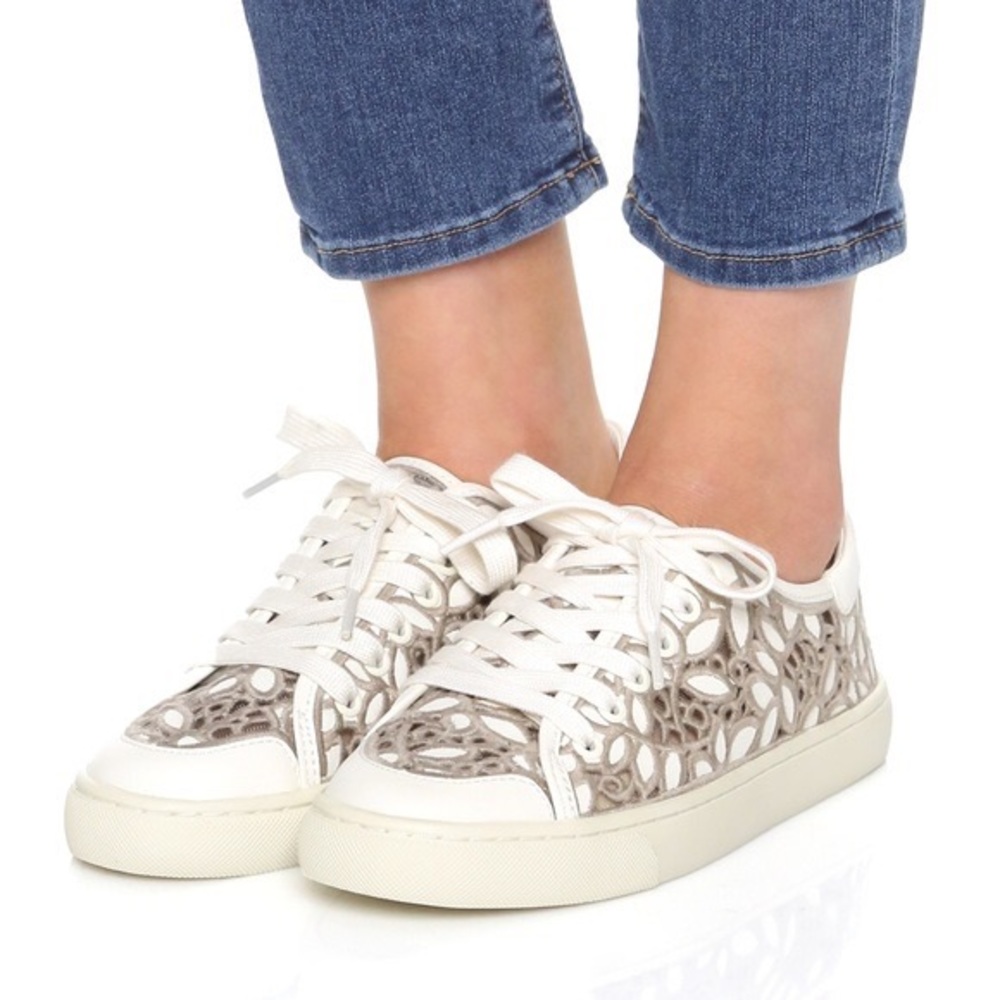 Tory Burch Rhea White/Beige Leather and Mesh Embroidered Tennis Shoes, 9